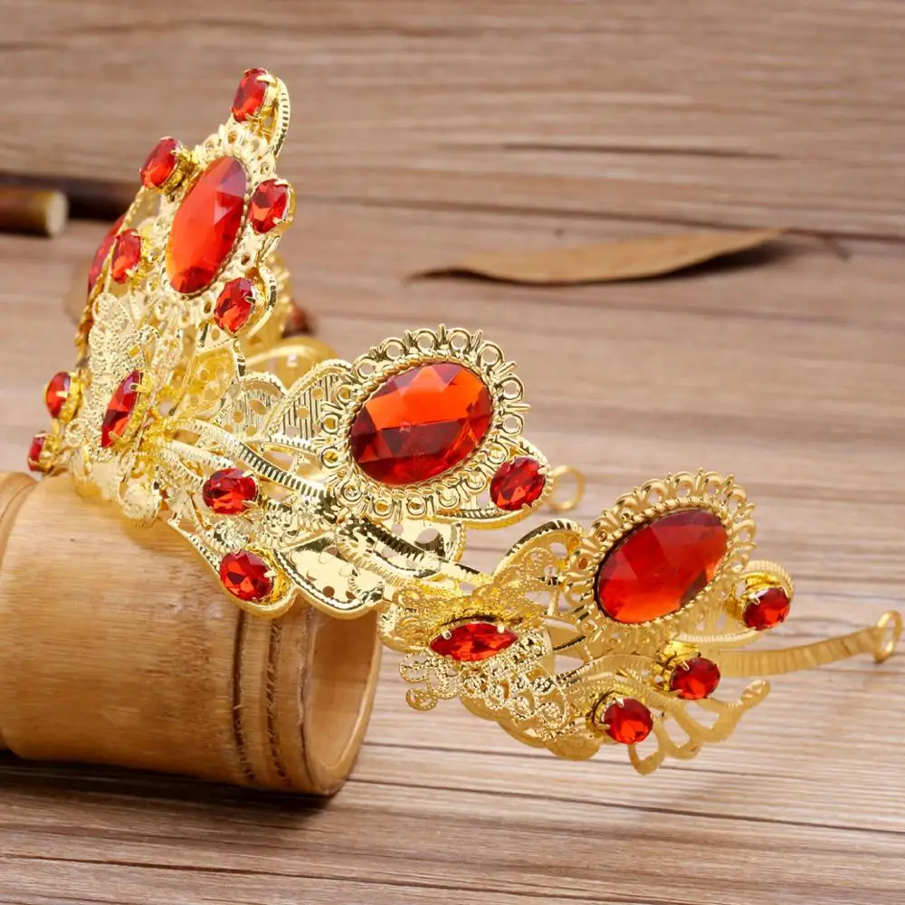Klasiskā vienkāršs sarkans rhinestone līgava hairband Baroka sarkano kroni karaļa galvassegu kāzu matu rotas