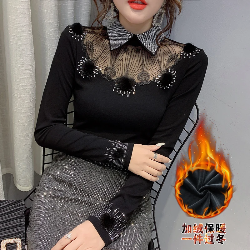 Korejas Drēbes Sexy Raibs Mežģīnes Dimantu T Sievietēm 2019. Gadā, Rudenī un Ziemā Ar Vilnas Nagu bumbu Topi Ropa Mujer Tees T9N907