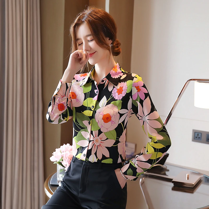 Korejas Šifona Sieviešu Krekli Sieviešu Krekls Ar Garām Piedurknēm Sieviete Ziedu Blūze Top Plus Lieluma Dāma Drukāt Krekls Blusas Mujer De Moda 2020