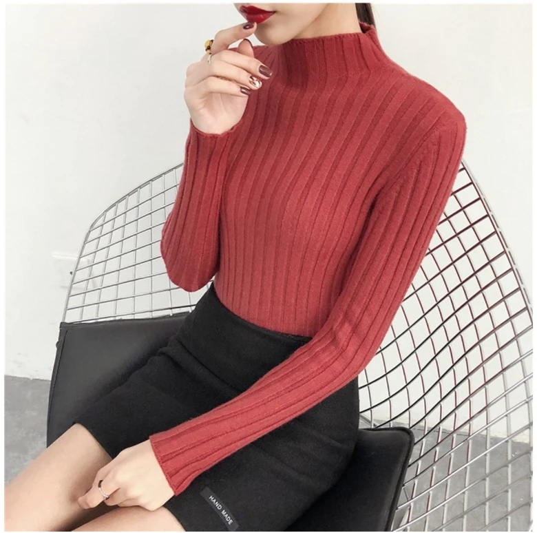 Korejiešu stila džemperis sievietēm, augsta kakla 2020. gadam gadījuma ribu adīt džemperi, dzidri krāsu atbilstības džemperis džemperis sievietēm