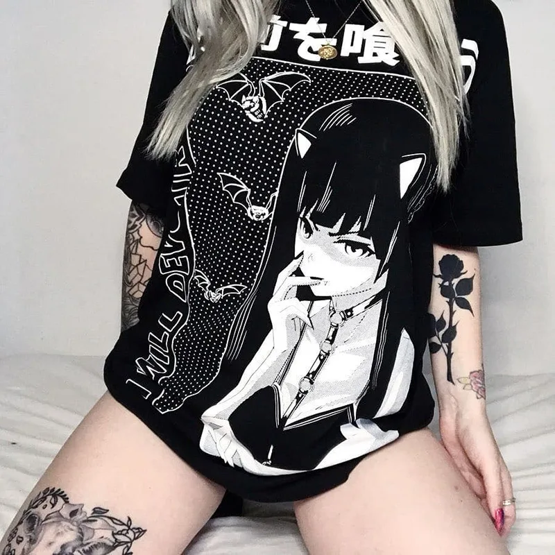 Lielgabarīta Šausmu Manga Drukāt Japāņu Harajuku Grafiskais T Krekls Sievietēm Dāmas Ilgi Tshirt Goth Gothic Apģērbu Tee Anime Tops