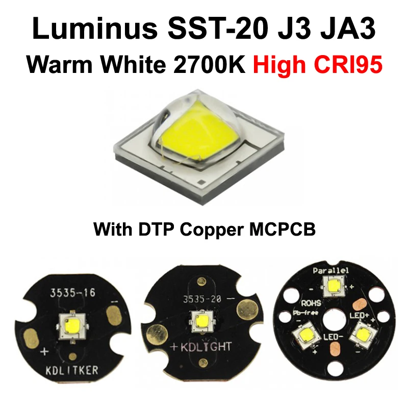 Luminus SST-20 J3 JA3 Silti Balta 2700K CRI95 LED Avotu Ar KDLITKER DTP Vara MCPCB (1 gab.)