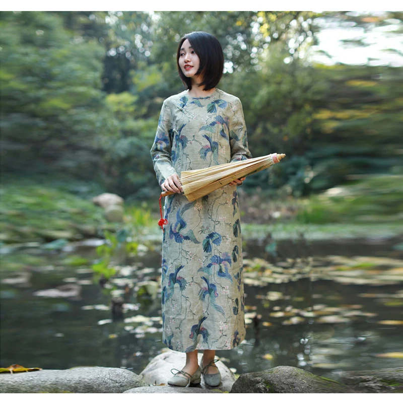 LZJN Ķīniešu Stilā Cheongsam 2019. Gada Pavasara Rudens Izšūšanas ar garām Piedurknēm Maxi Kleitu Elegants Sieviešu Vintage Raime Drēbes Qipao Kleita