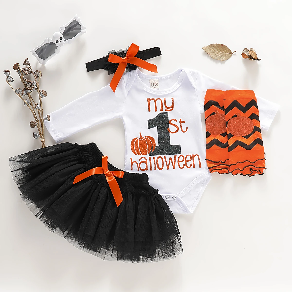 Mans 1. Halloween 4gab Jaundzimušā bērna Baby Girl Halloween Ķirbju Romper Tilla Svārki Dresss Apģērbs 4GAB