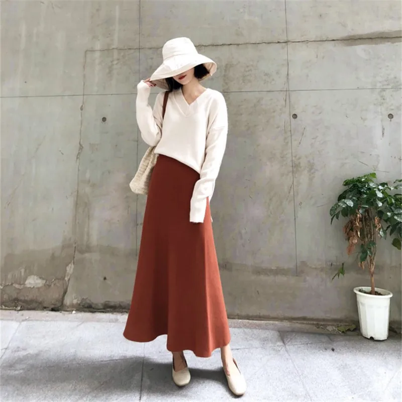 Mazefeng 2020. Gadam Sieviešu Rudens Ziemas Adītas Vintage Midi-Line Svārki Vidum Teļš Impērijas Korejiešu Stilā, Elegants Modes Svārki Viens Izmērs