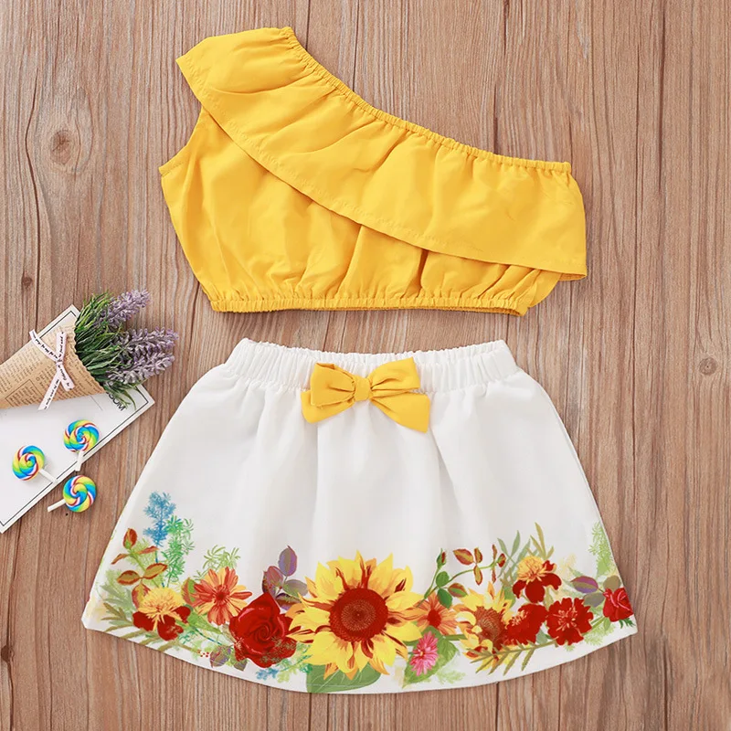 Meitene Set Baby Toddler Meitenes Apģērbs, Apģērbu Vasaras T-krekls, Svārki Ziedu Loku Mini 2gab Uzstādīt Jaunu Cute 6M-4Y