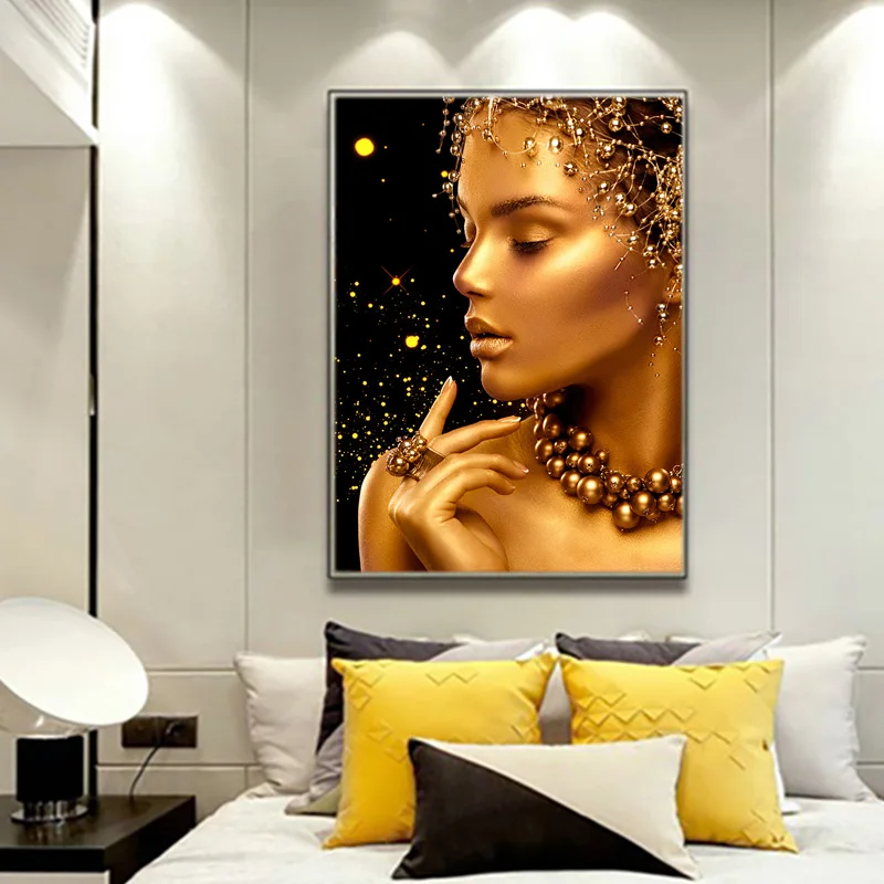 Melnā un Zelta Sieviete, Seksīga, Pliks Āfrikas Mākslas Eļļas Glezna uz Audekla Cuadros Plakāti un Izdrukas Sienas Mākslas Aina Dzīvojamā Istaba