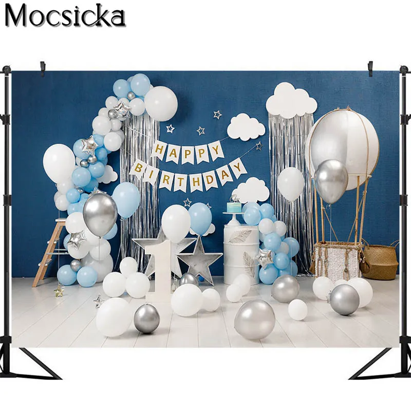 Mocsicka Zēns 1. Dzimšanas dienu Fotogrāfija Backdrops Balonu Zvaigžņu Dekors Blue Kūka Sagraut Photo Booth Fona Foto Studija