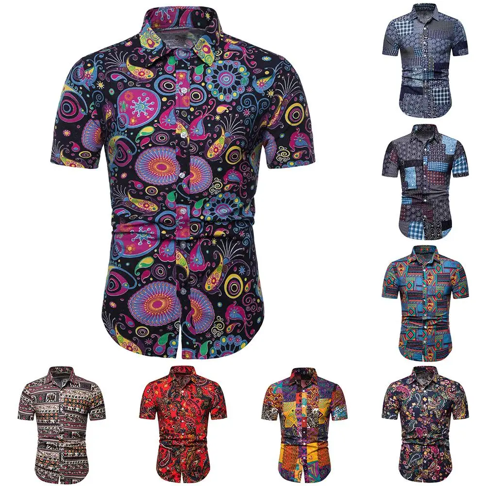 Moderns Plus Lieluma Havaju Vīriešiem Ziedu, Ģeometriskajiem Savukārt Apkakle Ar Īsām Piedurknēm Krekls Slim Top