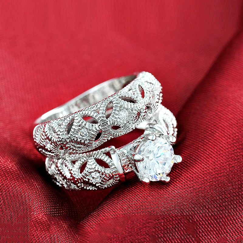 Modes gredzeni sieviešu balta zelta Krāsā kubiskā cirkonija saderināšanās gredzenu gredzenu līgavas komplekti anillos bijoux bagues femme CC150
