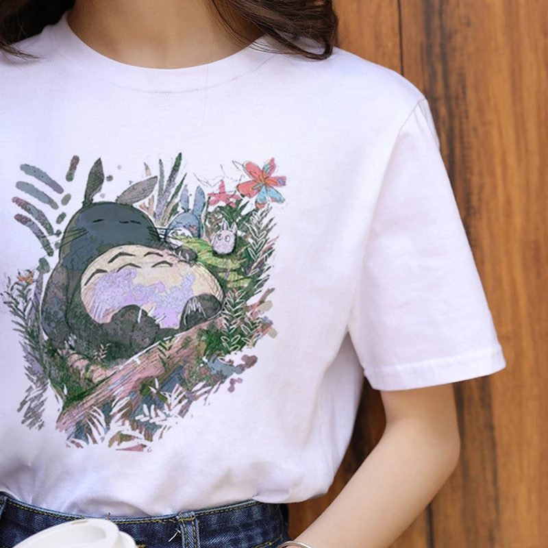 Modes Spoku un Totoro Smieklīgi T-Krekls Kawaii Dzīvnieku Puse Balts Īss Topi, Sieviešu Apģērbu Gudrs O-veida Kakla Kaķis Karikatūra Sieviešu Krekls