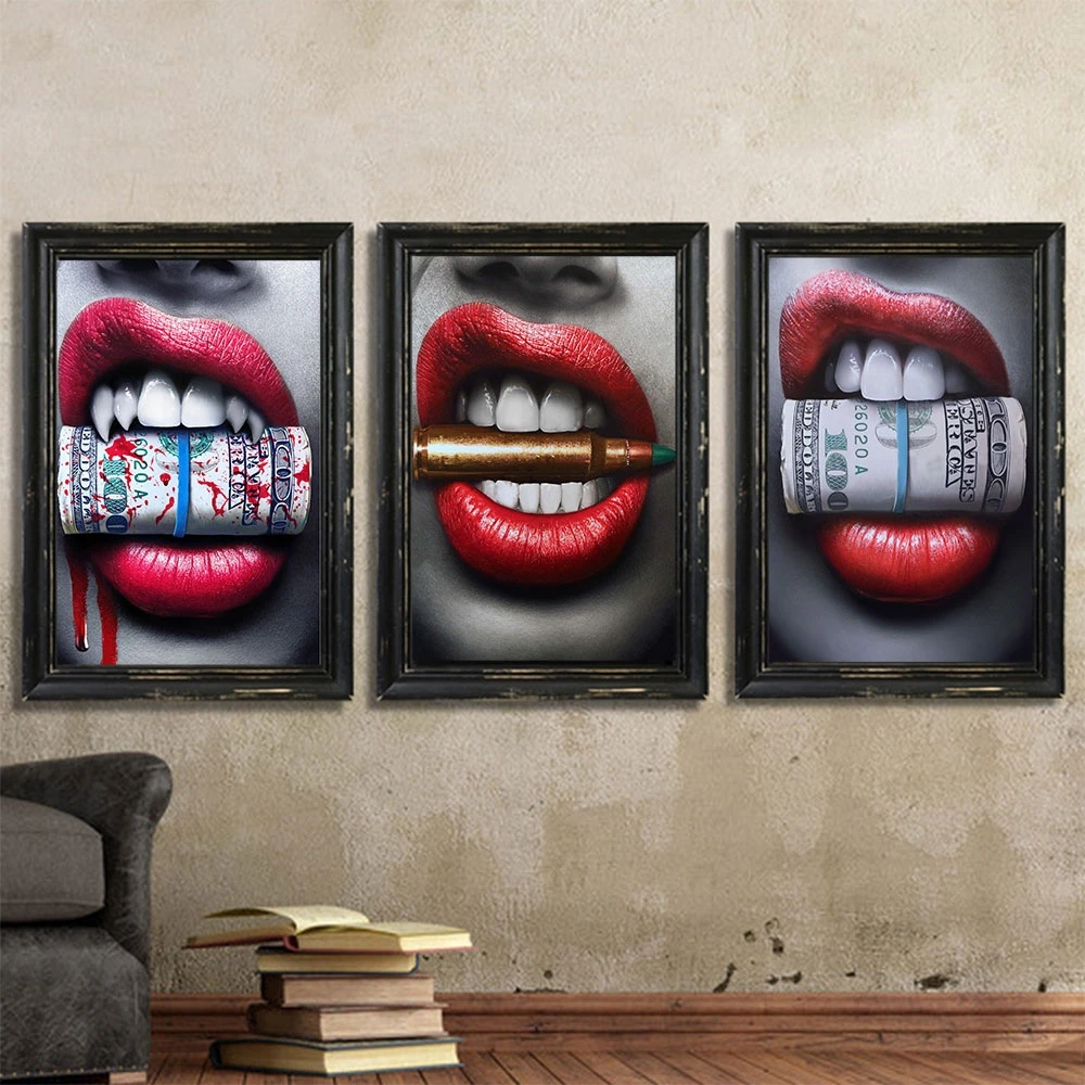 Mākslas Sexy Sarkanu Lūpu ar Naudas Dolāru Audekls Mākslas Izdrukas Mājas Dekori Gleznas, Sienas, Mākslu, Dzīvojamā Istaba, Birojs, Bārs