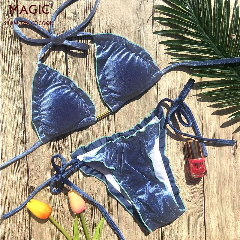 New Augstas Kvalitātes Zelta Samta Bikini Komplekts Sievietēm Ar Zemu Vidukļa Sexy Thong Peldkostīmu Pārsējs Peldkostīms, Peldbikses Beachwear Zils&Sarkans