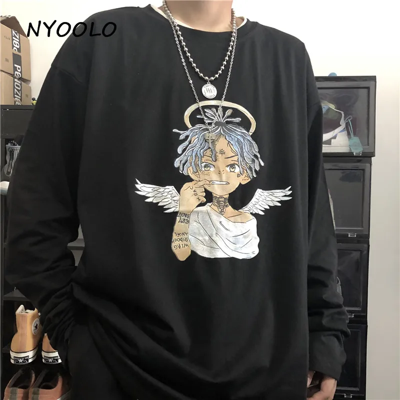 NYOOLO Vintage karikatūra eņģelis drukāt tee kreklu Rudens zaudēt garām piedurknēm t-krekls, sieviešu, vīriešu apģērbi topi Harajuku stils tee