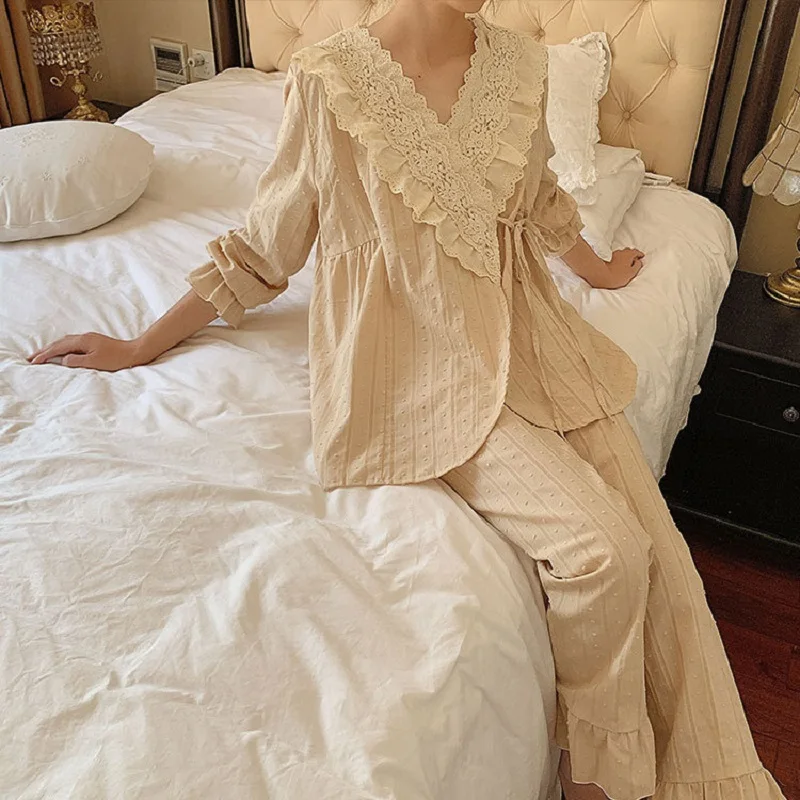Pavasara Rudens Kokvilnas V-veida kakla Jaka Sieviešu Pidžamas Komplekti, Salda Sieviete ar garām Piedurknēm Kimono Pidžamas Zaudēt Sleepwear Kostīmi