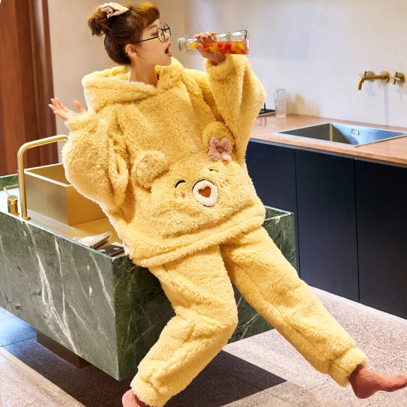 Pieaugušo Pidžamas Komplekts Sieviešu Ziemas Sabiezēt Sleepwear Homewear Karikatūra Lācis Korejas Pidžamas Smieklīgi Maiga, Silta Pijamas Uzvalks