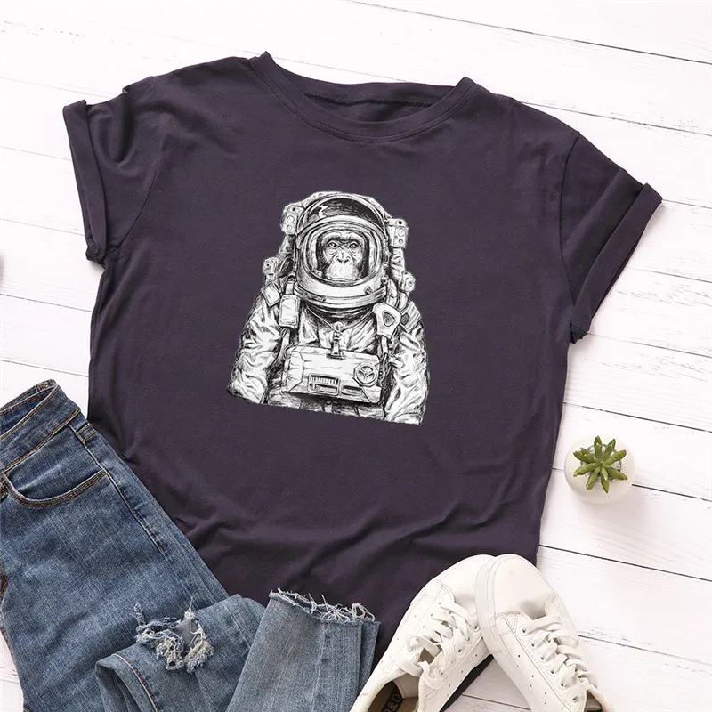 Plus Izmērs S-5XL Kokvilnas T Jaunu Astronautu Druka T Kreklu, Sieviešu T-Krekls O Apkakli, Īsām Piedurknēm Tees Vasaras Sieviešu Tshirts Augšu