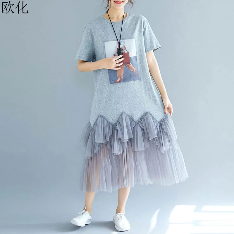 Plus Lieluma korejas Vasaras Kleita Sievietēm ar Īsām Piedurknēm Gadījuma Vaļīgi Acu Salaist Ilgi Kokvilnas Kleita ir Liela Izmēra Vintage Drēbes, Sundresses 4XL
