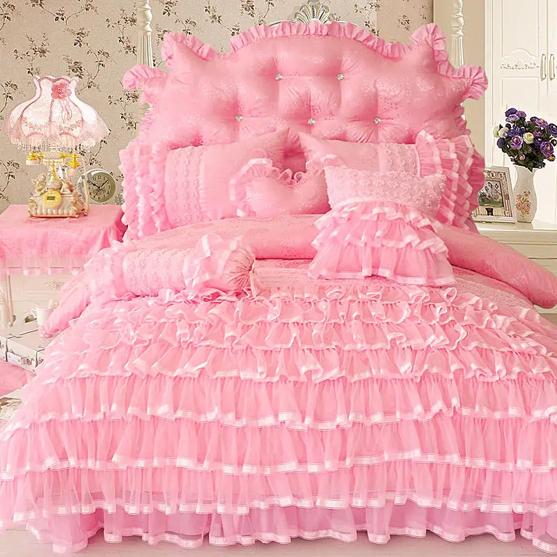 Princese stila Dvīņu Queen, King size Rozā, Krēmkrāsas Gultas komplekts Luxury Bed cover Sega sedz, Gultas svārki Gultas veļa komplekts parure de lit