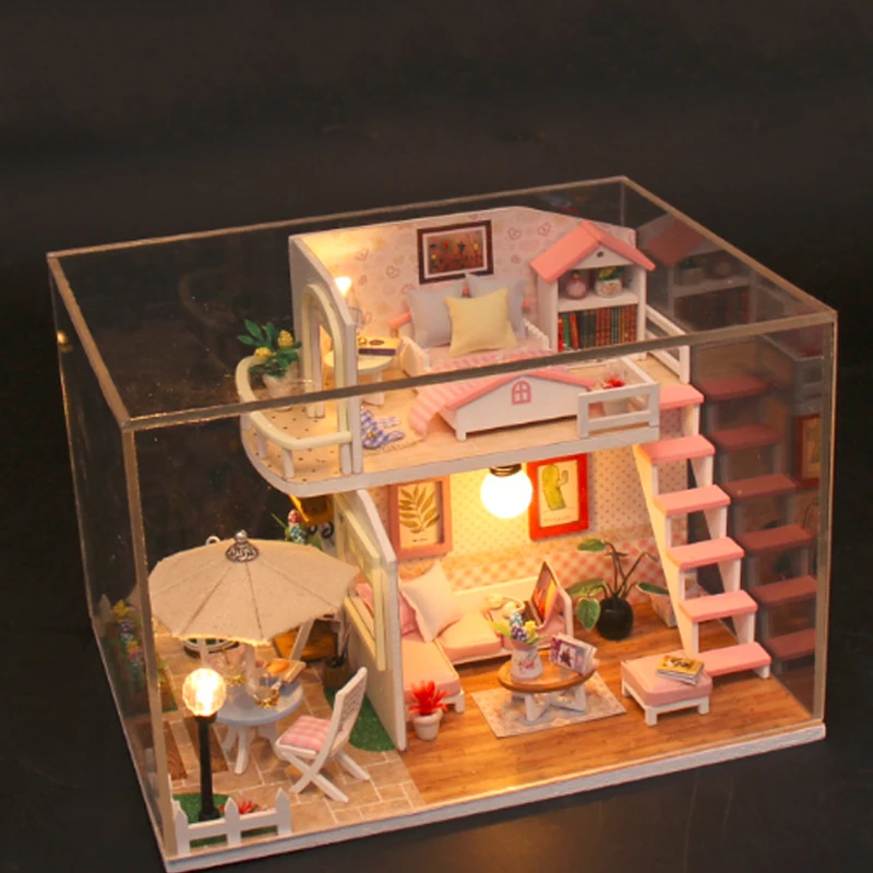 Radošā DIY Bērniem Pieaugušo Miniatūrā Leļļu nams Koka Komplekti Samontēti Rozā Bēniņi celtniecības bloki, mini mājas, mēbeles, rotaļlietas
