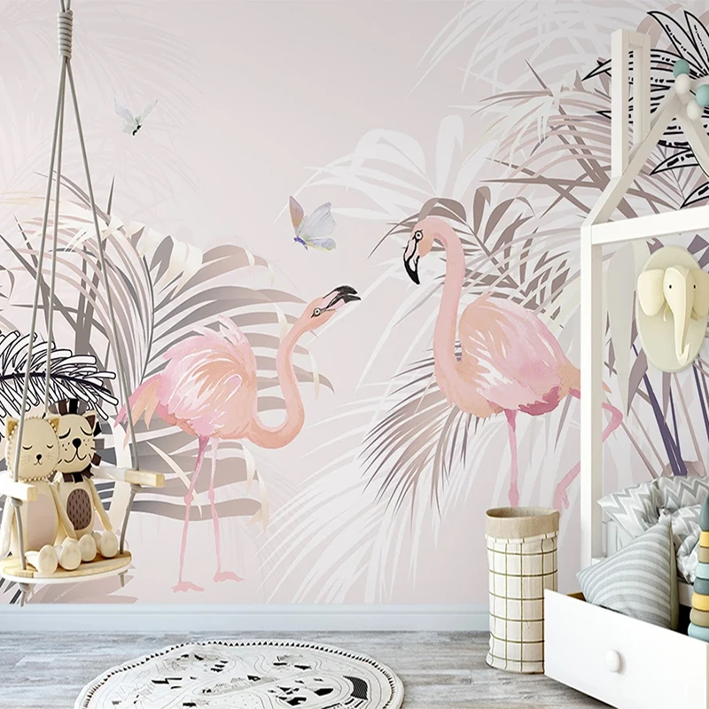 Roku Krāsotas Rozā Lapu Flamingo Foto Sienas Pielāgotas 3D Tapetes Bērnu Istabas Meitenes Guļamistaba, Dzīvojamā Istaba, TV Fona Sienas Dekori