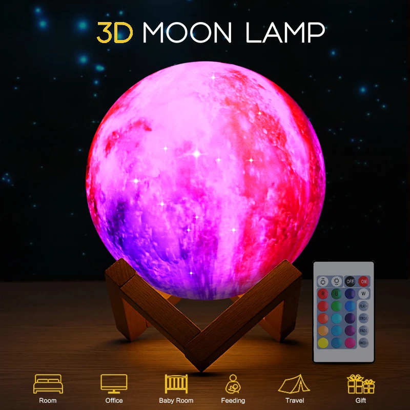 Romantiska 3D Drukas Krāsains Sky Moon Lampas Uzlādējams Nakts Gaismu, Lai Mēness gaisma ar 3Colors 16Colors Tālvadības Dekoru, Dāvanu
