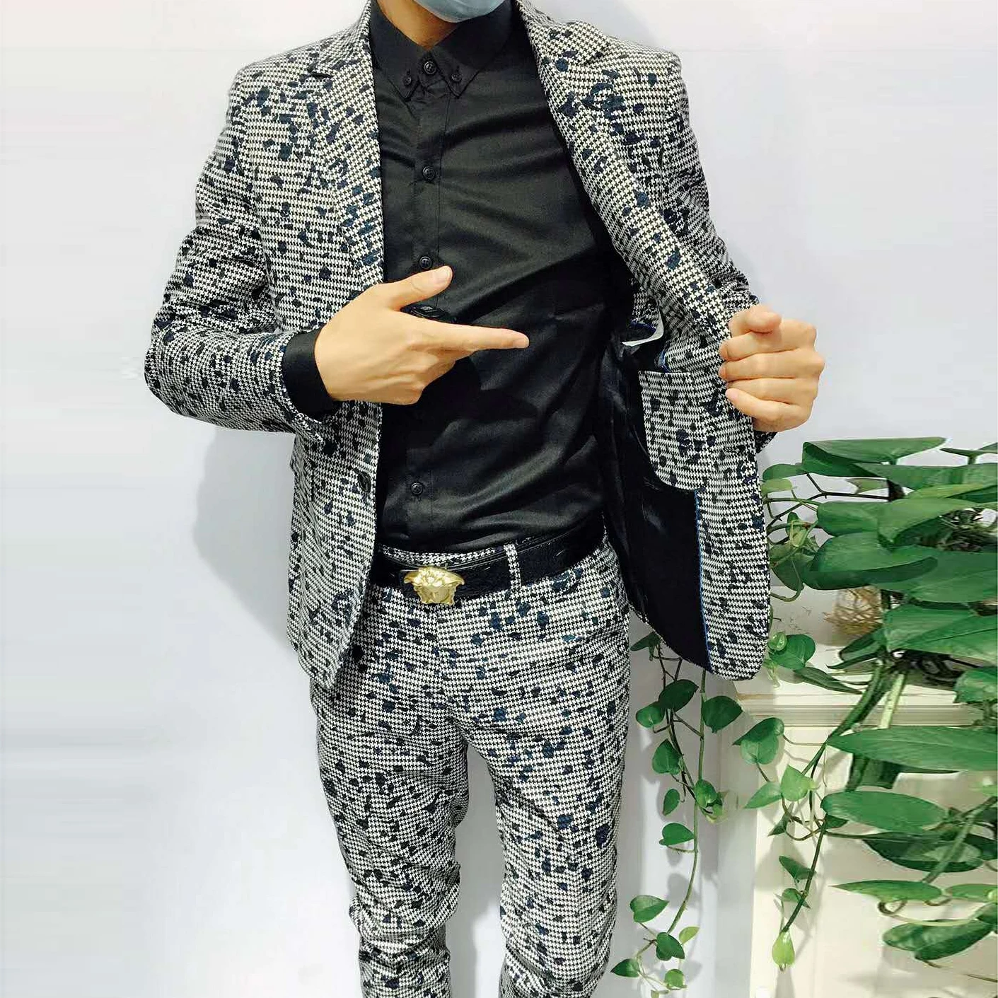 Rudens Jaunās Modes Melnā Un Baltā Žakarda Slim Uzvalks Uzstādīt korejas Vīriešu Uzvalku 2-gabals Vīriešu Uzvalks, Luksusa Augstas Kvalitātes Vīriešu Uzvalks, Žakete