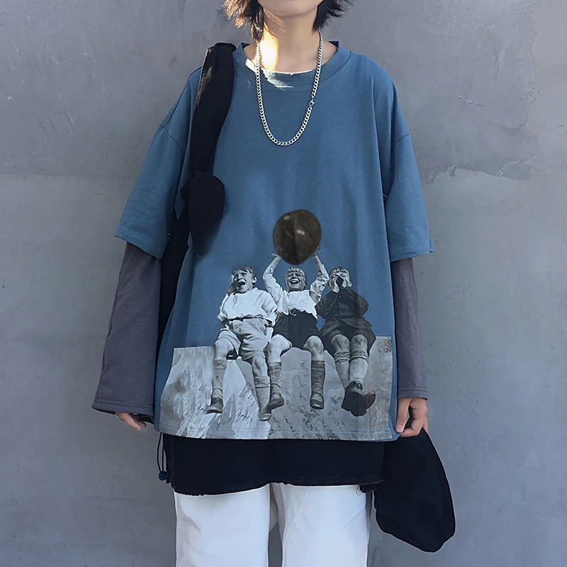 Rudens korejiešu versija ins ar Harajuku stils, retro jūra pavisam drukāšanas zaudēt viltus divas garām piedurknēm T-krekls krekls sievietēm