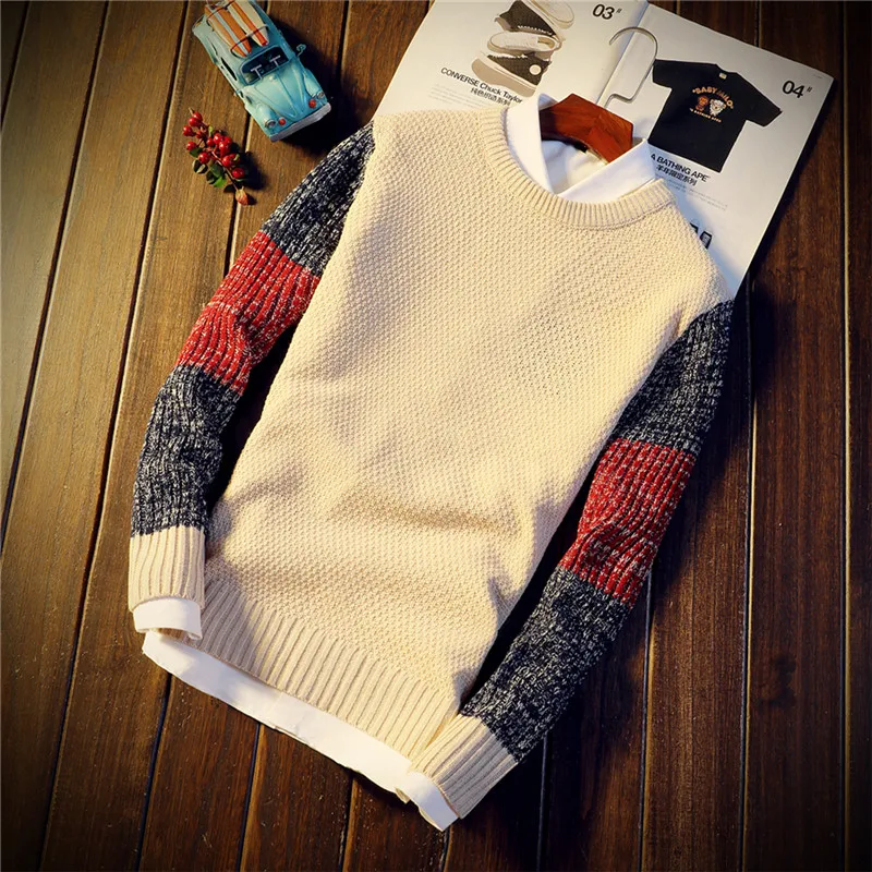 Rudenī un ziemā vīriešu modes apaļu kakla džemperis, tendence personības krāsu saskaņošanas slim jaunatnes silts džemperis džemperis