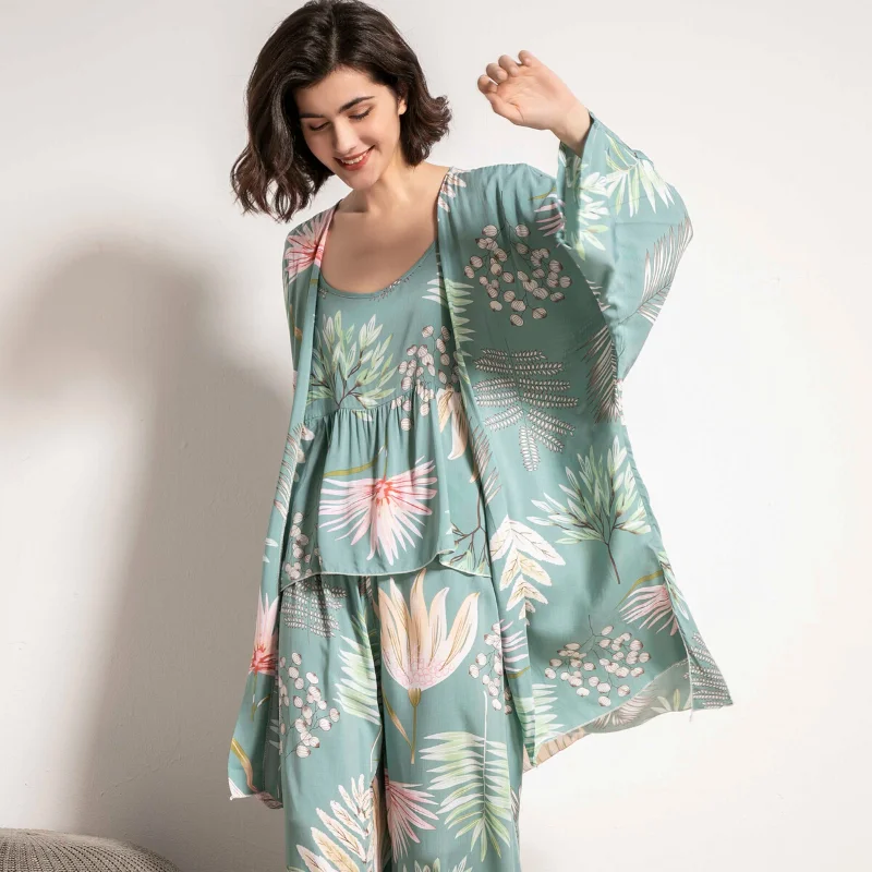 S-L 3Pcs Mīksta Pidžamas Komplekts Sievietēm Sleepwear Drukāt Rozā Lapām Jaciņa+Kamzolis+Bikses Homewear Dāmas Mājas Apģērbu, Lielo Izmēru