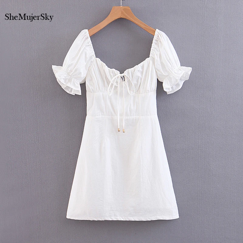 SheMujerSky Vasaras Vintage Mini Kleita Sievietēm Mežģīnes Up V-veida kakla Kleita 2019 vestido blanco verano
