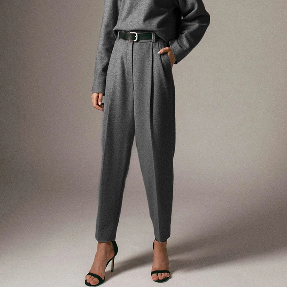 Sieviešu divdaļīgs Kostīms Rudens Ziemas Elegants Birojs Dāma Pelēkā Vilnas Uzvalks Bikses Apaļu Kakla Džemperis Ir 2021. Modes Sieviešu Tērps