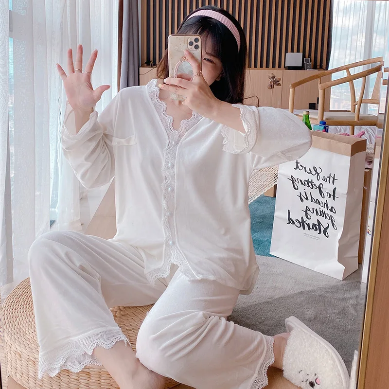 Sieviešu garām piedurknēm Zelta Samta Jaciņa Nuisette Sexy Mājas apstākļos Pavasarī un Rudenī korejiešu Princeses Stilā Salds, Balts Cute Pajamas