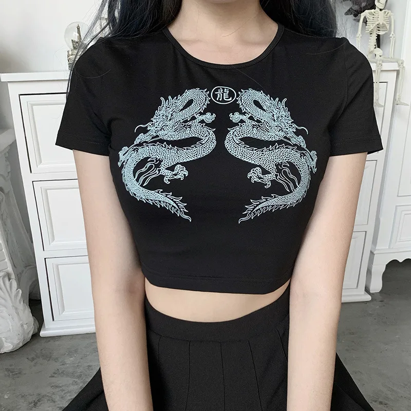 Sieviešu Gotu Kultūru Top Vasaras Sexy T Krekls Japāņu Harajuku Tee Goth Croptop Black Īsām Piedurknēm Drēbes Ķīniešu Pūķis Drukāt