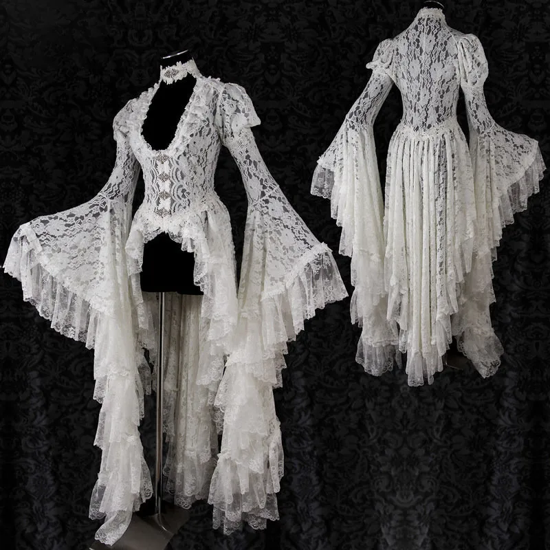 Sieviešu Retro Vintage Cietā Mežģīnes Viduslaiku Jaciņa Cosplay Balts Elegants Mežģīņu Garās Astes Plāksnīšu Viktorijas Outwear Bumbu Kleita
