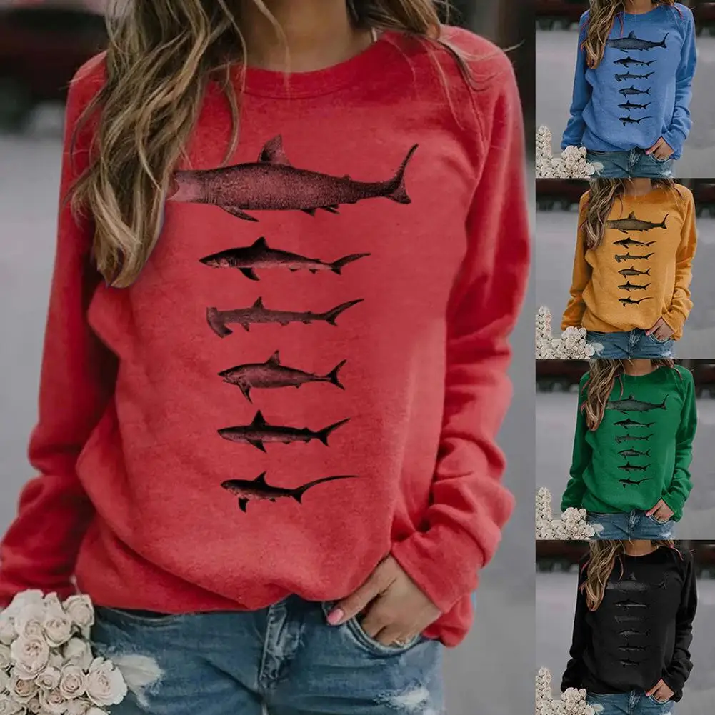 Sieviešu Rudens Ikdienas Blūze Brīvs Džemperis Blūze ar garām Piedurknēm Haizivs Drukāt sporta Krekls Plus Izmērs 3XL Silts Apģērbs sievietēm