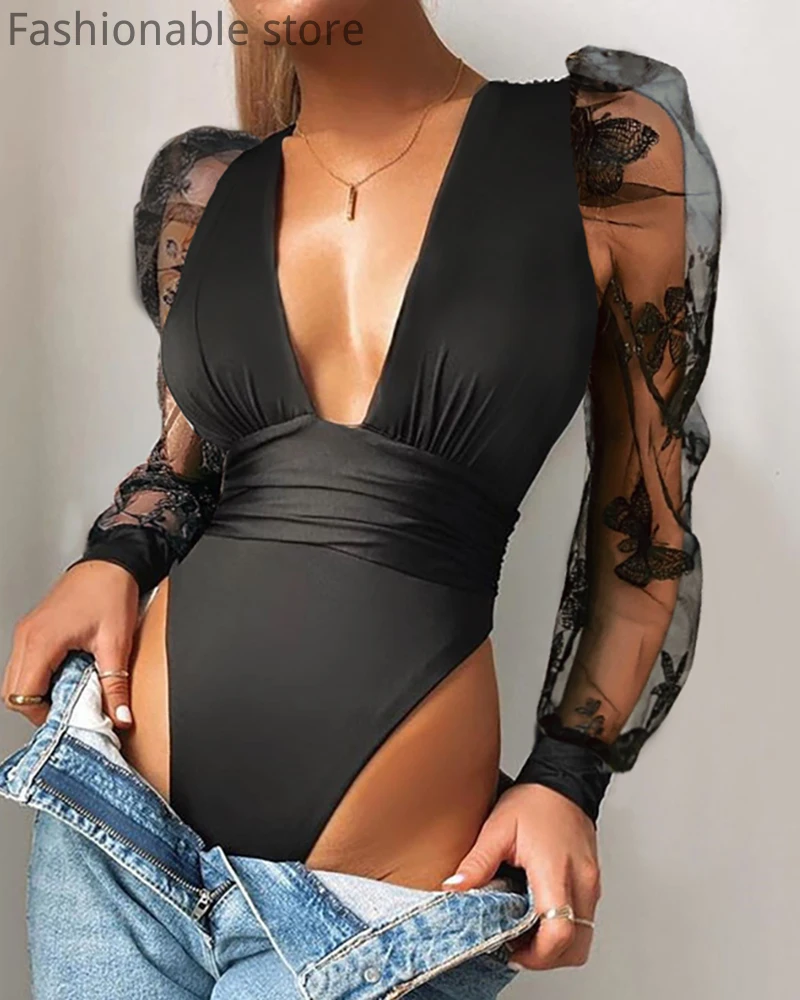 Sieviešu Sexy Black Garas Piedurknes Izgriezt Krūtis Augstu Apkakli Bodysuit Ruched Bling Bling Augsta Vidukļa Romper