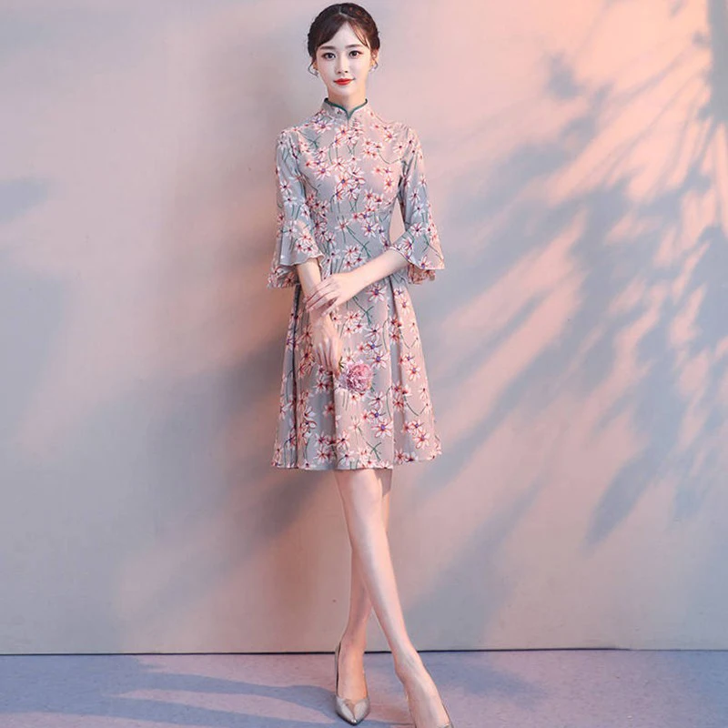 Sieviešu Vasaras Sexy Pusi Piedurknēm Cheongsam Kleita Plus Izmērs 3XL Ziedu Ķīnas Austrumu Apģērbs Elegants Puse Kleita Vestidos