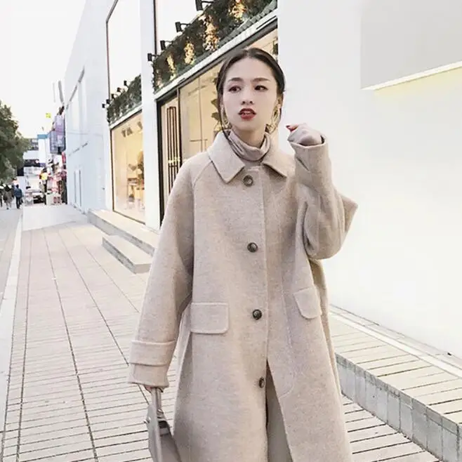 Sieviešu vilnas mētelis sieviešu vidū-garums studentiem korejas brīvs brīvs virs ceļgala Hepburn stils ziemas vilnas mētelis ielas drēbes