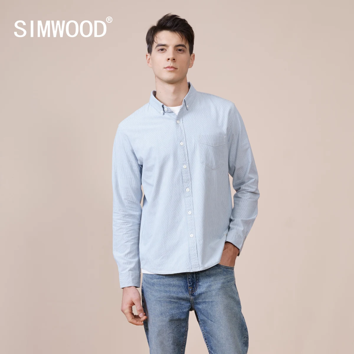 SIMWOOD 2021. gada Pavasarī Jauno Slim-Fit Pinstriped Kokvilnas Krekls Vīriešu Apģērbu Mazgā Ikdienas Krekli Augstas Kvalitātes Zīmola Apģērbu