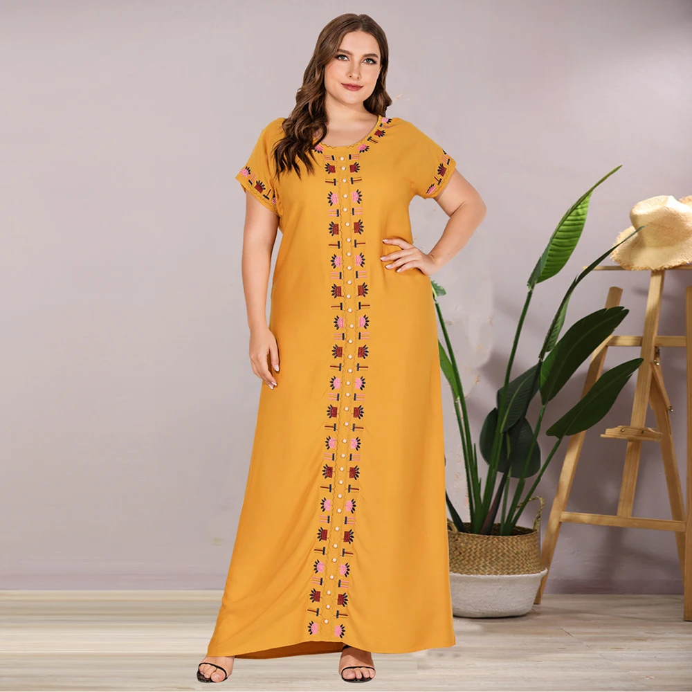Siskakia Plus Lieluma Sievietēm Maxi Garo Kleitu Modes Zaudēt Gadījuma Izšūti Fāzēm O Apkakli, Īsām Piedurknēm Arābijas Kleitas, Vasaras 2020