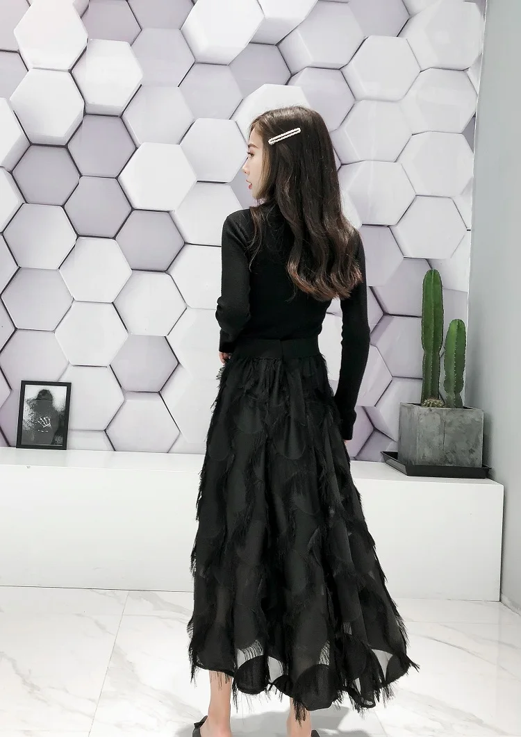 SMTHMA Jaunu Rudens Modes Elegants Divu Gabals, kas Sievietēm Adīšanas Melns Džemperis +Elastīgs Viduklis Pušķis Gari Svārki Uzvalki