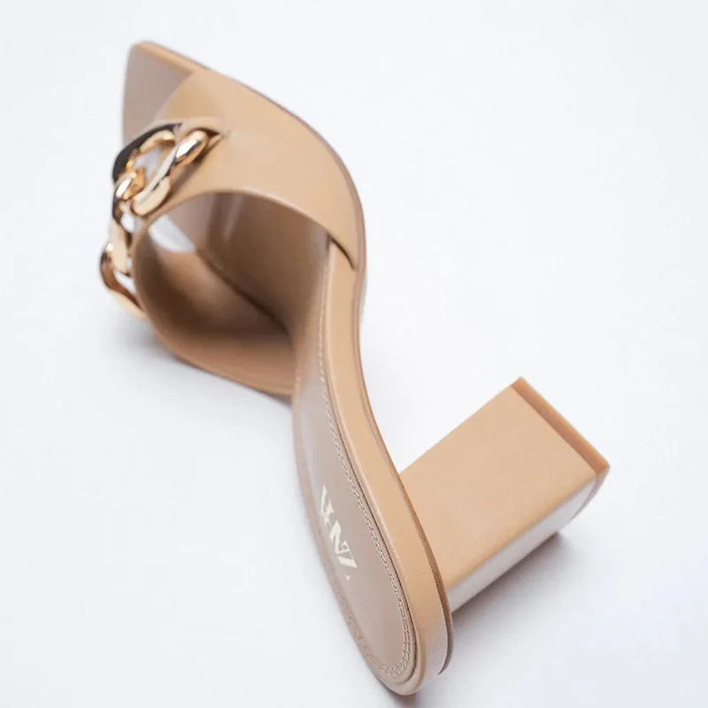 SOUTHLAND Z dizaina sandales haki Metāla ķēdes augstiem papēžiem Jaunu Kvadrātveida galvu, Vienu vārdu ar Atvērtu purngalu, bieza, papēdis sandales sievietēm