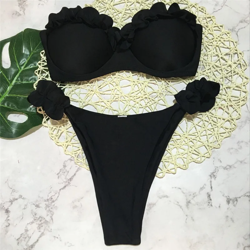 Strapless Caurules Bikini Komplekts Sievietēm Ciets Melns Sarkans Dzeltens Mežģīnes Caurules Polsterēta Push Up Bikini 2019 Vasaras Peldkostīms Sievietēm, Peldēšanas Tērpi