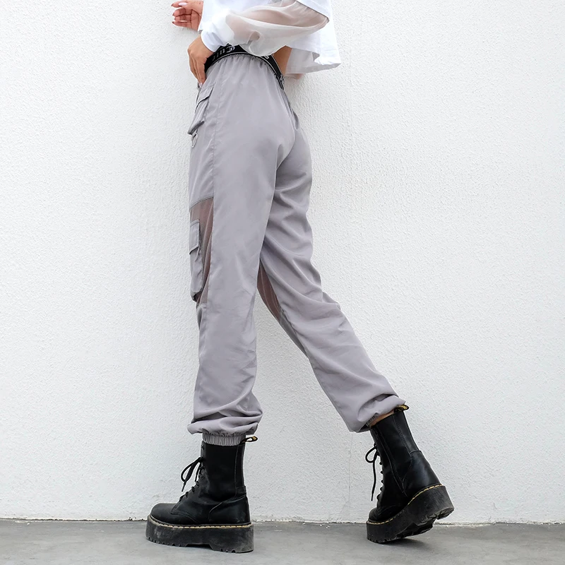 SUCHCUTE Raibs Sieviešu Bikses Kabatā Augsto Vidukli Pelēka Atstarojoša Gothic korejiešu Stilā, Joggers Sieviešu korejiešu Stilā Pantolon