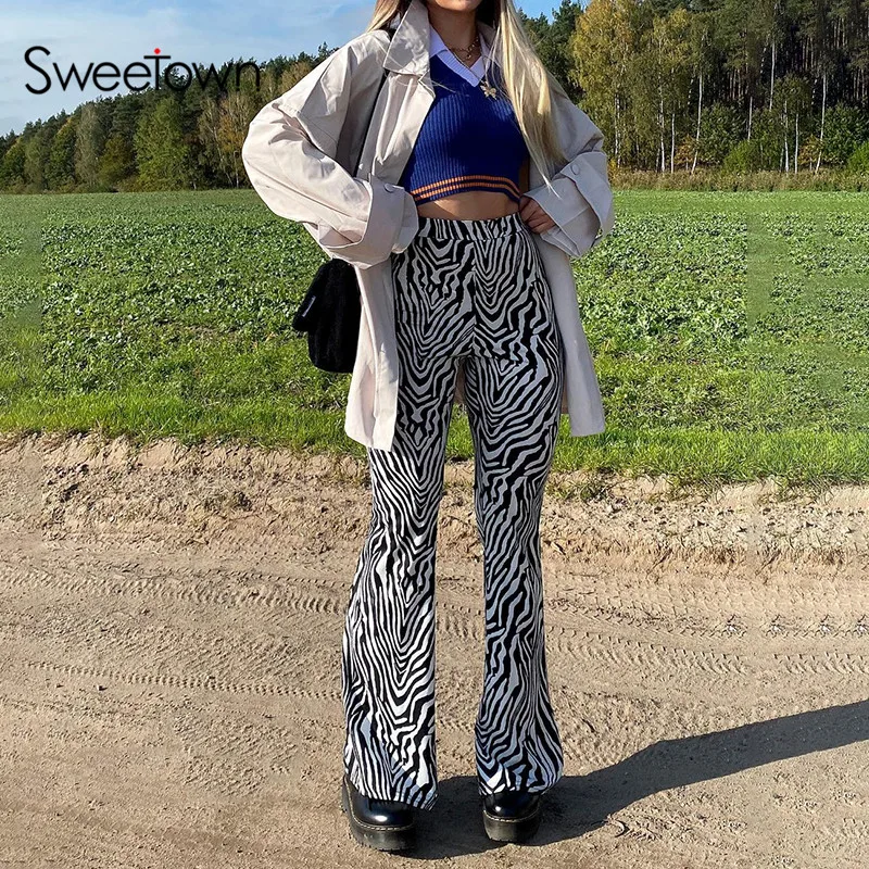 Sweetown Zebras Svītrainais Augsta Vidukļa Izlīdzināšanu Bikses Sievietēm Y2K Estētisko Vintage 90s Bikses Gadījuma Hipiju Sieviešu Jogger Treniņbikses