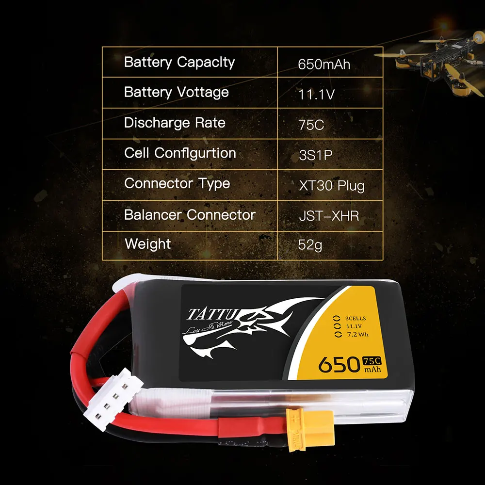 Tattu 650mAh 11.1 V 3S 75C-150C Lipo Akumulatoru ar XT30 Savienotājs 130 Izmēra Modeļiem Ziemas Iekštelpu FPV Sacīkšu