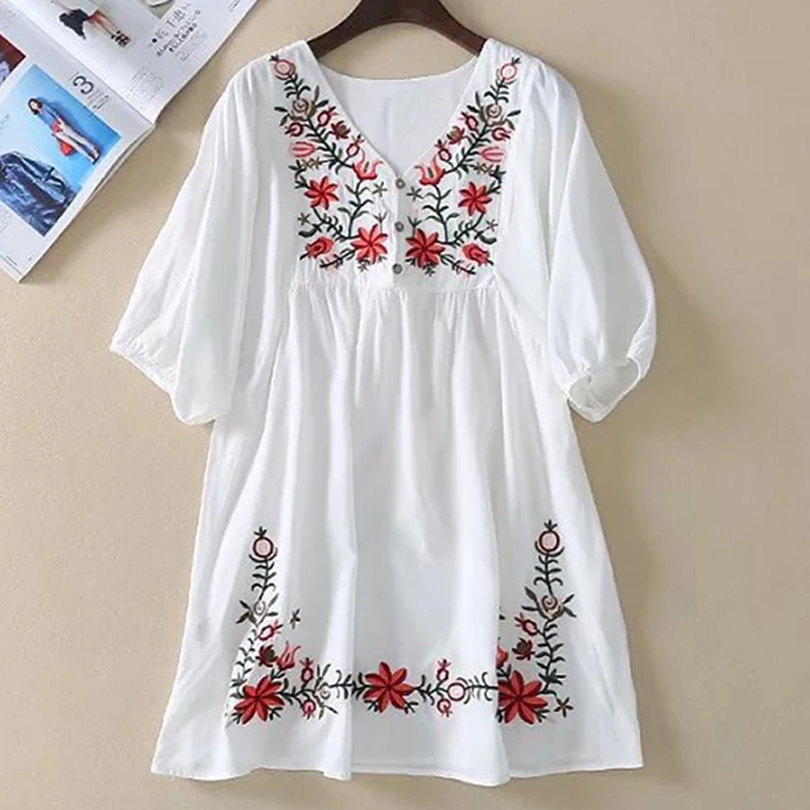 TEELYNN mini Boho kleita sievietēm balto ziedu Izšuvumu kokvilnas kleitas Gadījuma zaudēt-line kleita Hipiju kleita Čigānu vestido