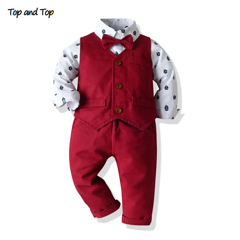 Top un Top Zēni Kungu Apģērbu Komplekts Kokvilnas garām Piedurknēm Bowtie Krekls+Veste+Bikses 3Pcs atbilstoši Bērniem Zēns Ikdienas Apģērbu Komplekts