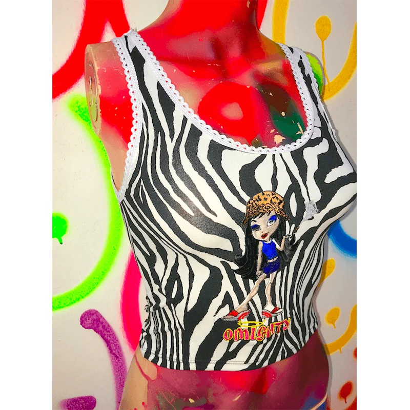 Topi, Sieviešu Vasaras Jauno Zebra Karikatūra Rakstu Izšūšana Drukāšanas Stiept Slim, Sexy Piedurknēm Kultūraugu Top Īss Y2K Streetwear